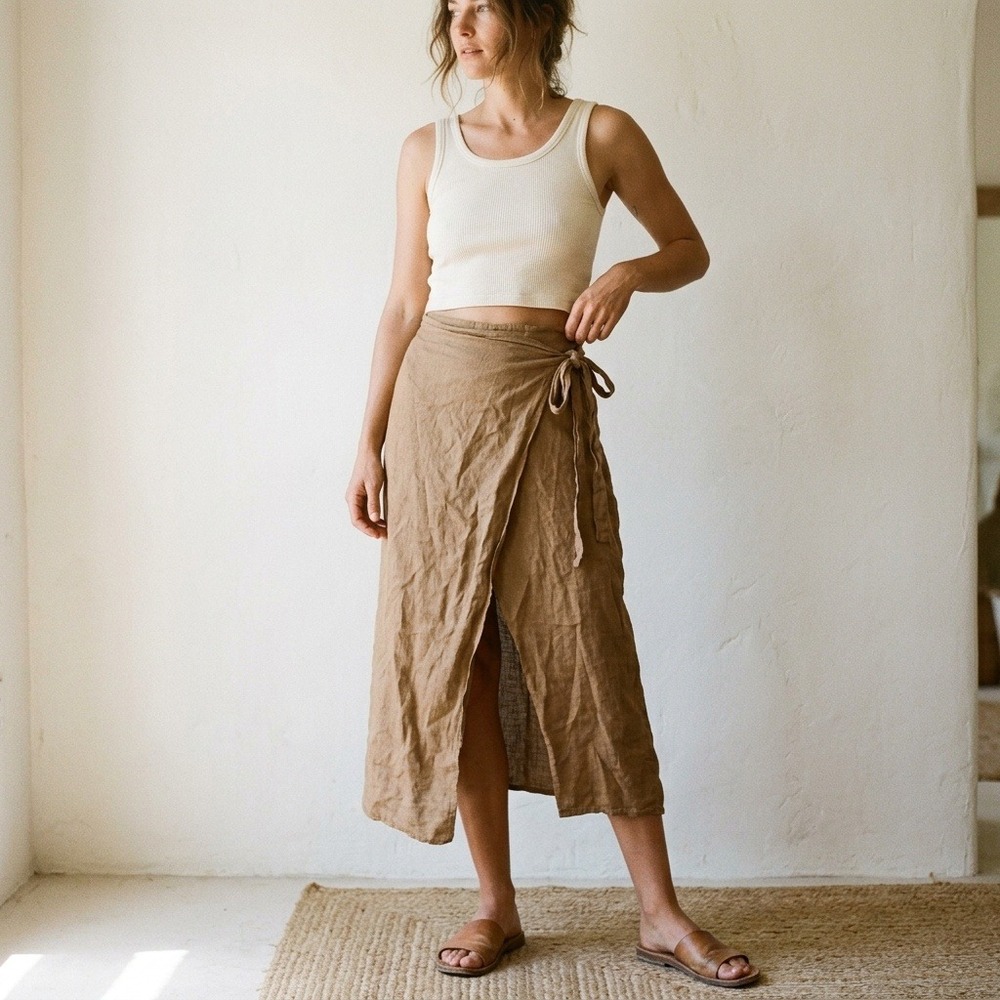 Meo Meli Womens Skirt OS Tan Linen Wrap Front Side Tie Italian Lagenlook Boho